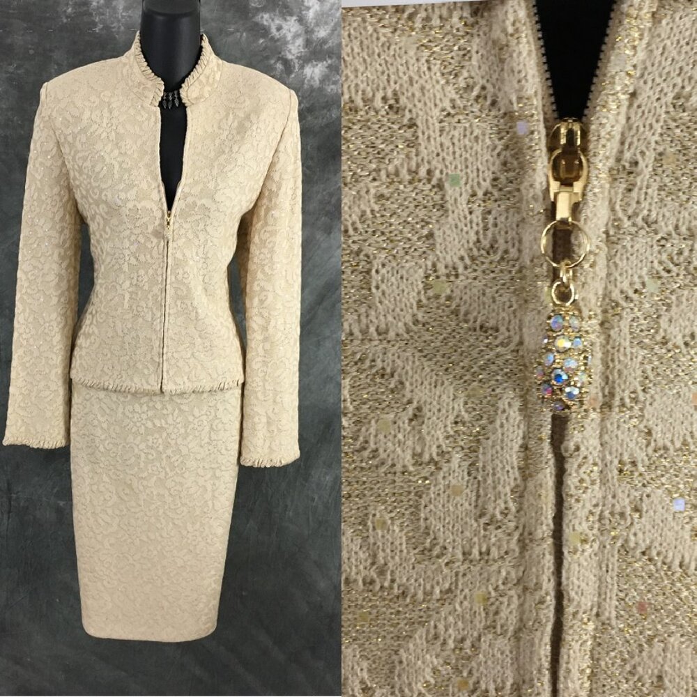 BEAUTIFUL st john evening knit gold rhinestones embellished skirt suit 6 8